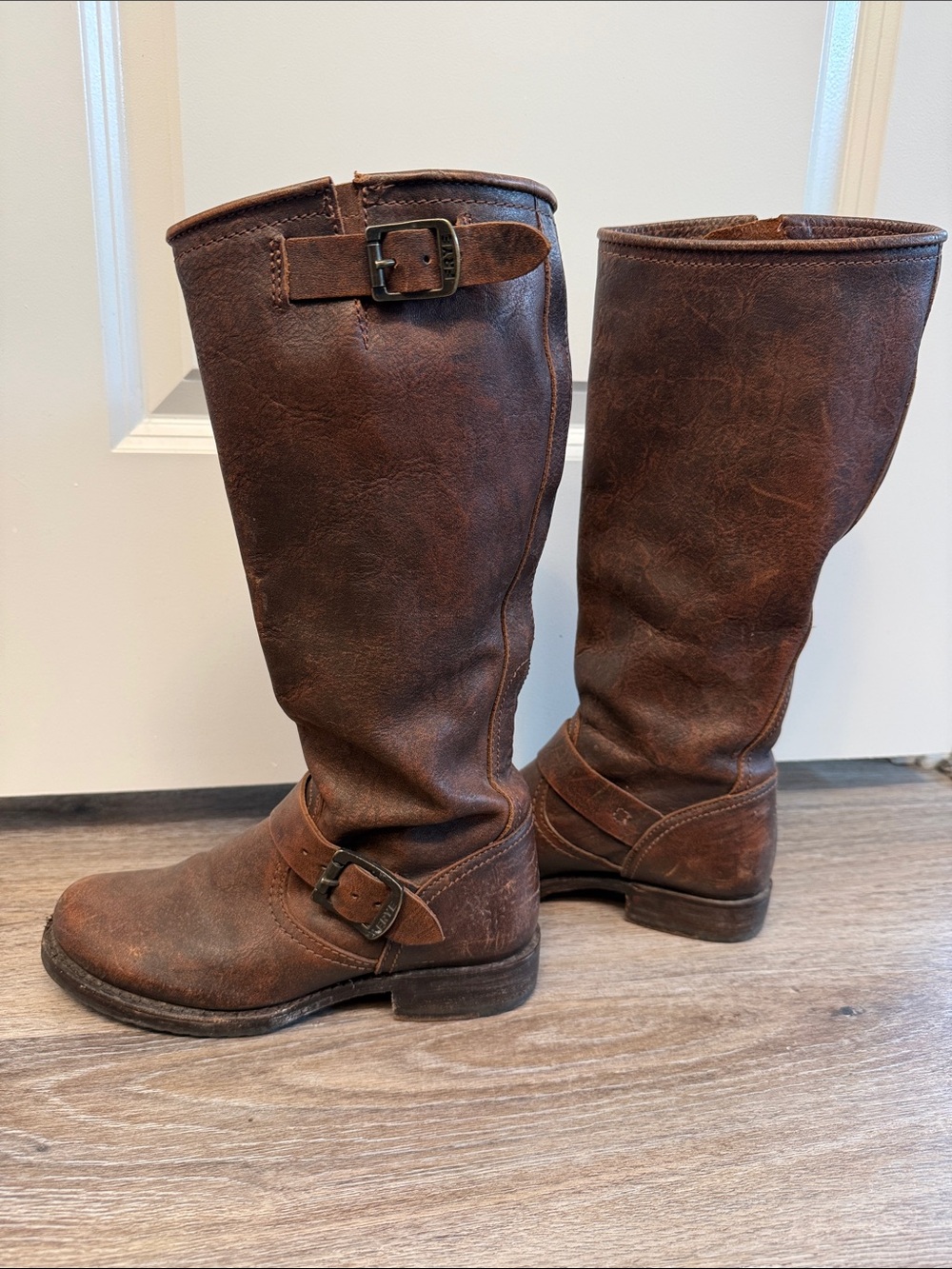 Frye Distressed Dark Brown Buckle Riding Boots - Picture 3 of 7